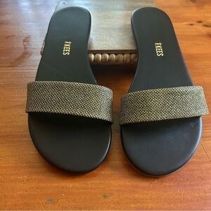 TKEES sz 8 Alex Glitter Sparkle Flats Sandals Slides in Metallic Gold Black